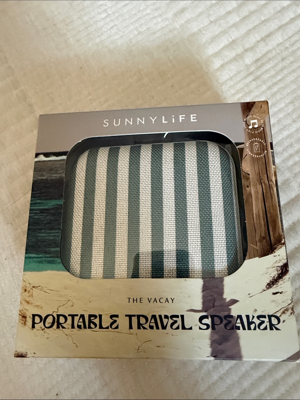 Sunnylife Striped Portable Travel Speaker - Gray and White